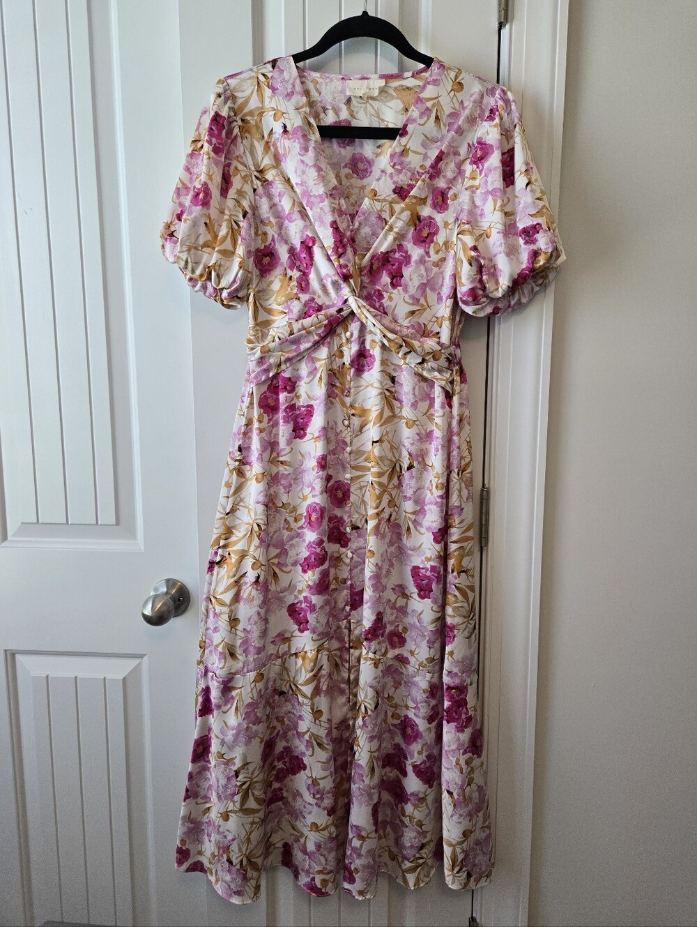 MELLODAY Pink & Gold Floral Maxi Dress with Puff Sleeves